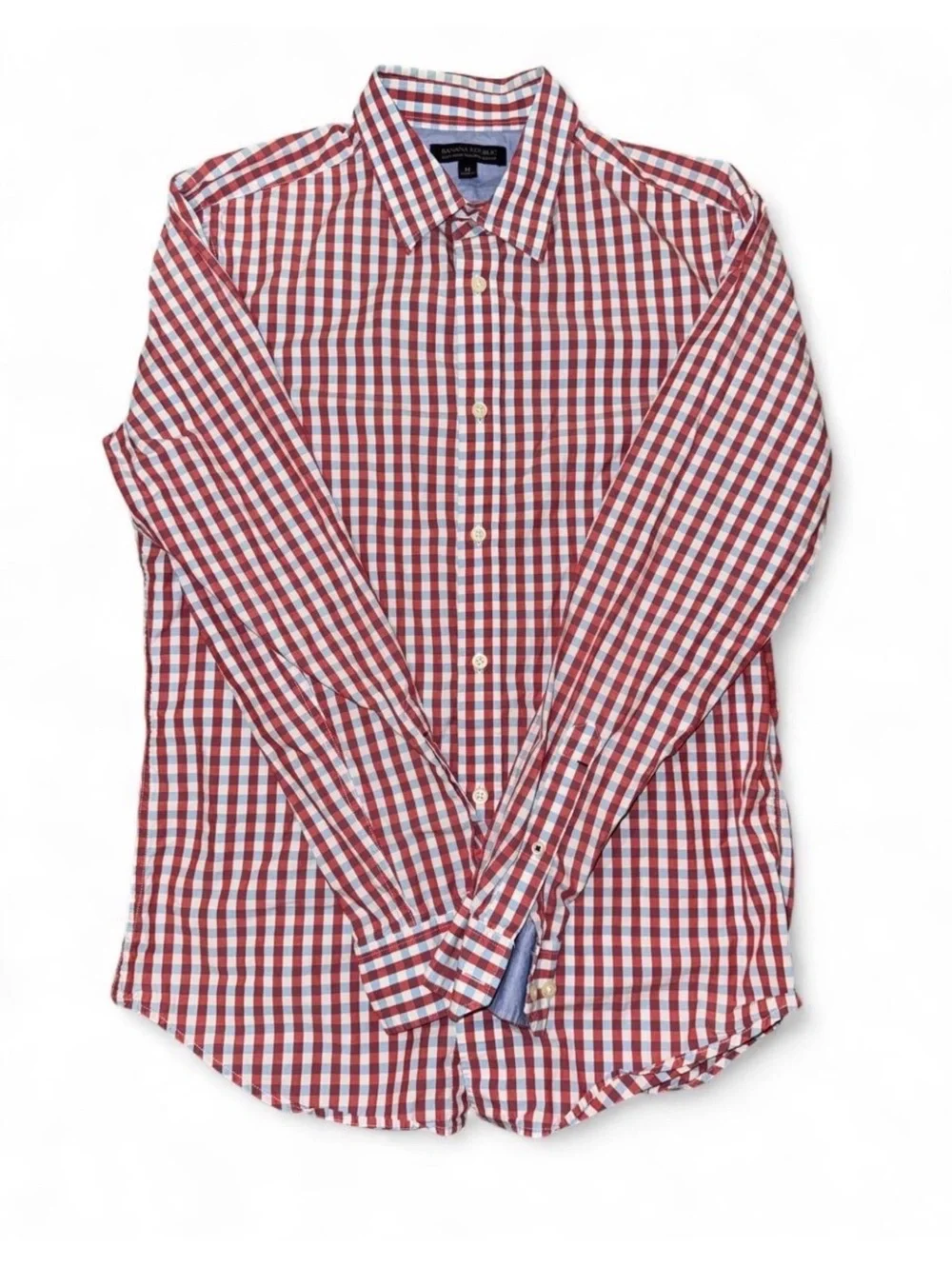 Men’s Banana Republic red + blue gingham button-up shirt Size Medium